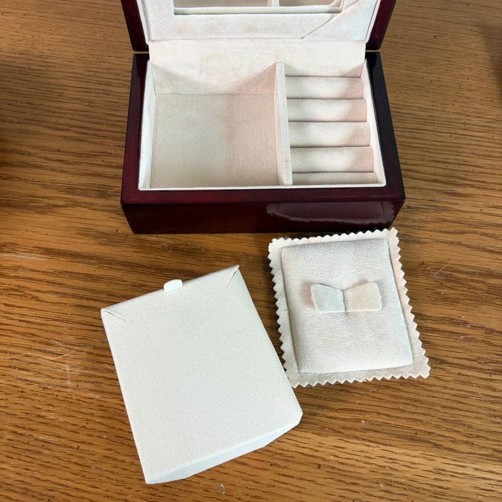 Gloss Finish  Cherry Wood Finish Jewelry Box Small Mirror Ring Organizer Box